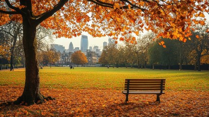 Lonely Bench in autumn Park with city view red and yellow maple trees and blue sky,Autumn forest path,Lawn in autumn city park in Sunny day,Trees with yellow leaves in park,Natural Wallpaper.