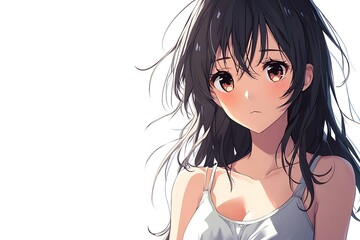 Anime girl with long black hair and brown eyes. White background. Portrait.