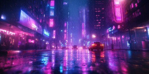Cyberpunk City Streets with Neon Lights and Rainy Foggy Atmosphere