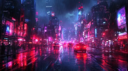 Cyberpunk City Streets with Neon Lights and Rainy Foggy Atmosphere