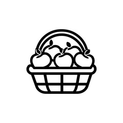 Simple Black and White Basket of Apples Icon Representing Harvest Season, Agriculture, and Farm Life