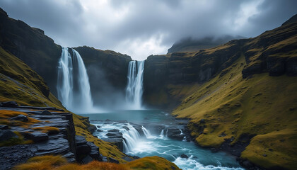 A landscape view of the Bøsdalafossur waterfall on the Faroe island during a stormy day