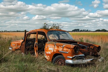 Fototapeta premium Abandoned old broken car without driver