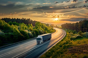 Aerial view of a truck on the country highway