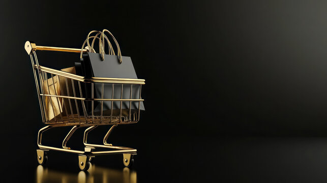 elegant shopping experience with golden cart and upscale black bags