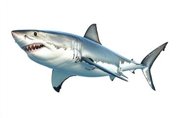 Naklejka premium great white shark - Carcharodon carcharias - full view while swimming, face and teeth visible isolated on white background all fins and gills showing, ai