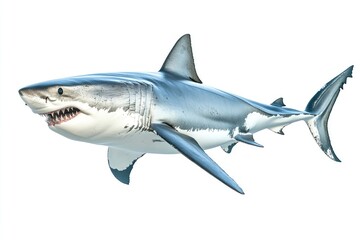 Obraz premium great white shark - Carcharodon carcharias - full view while swimming, face and teeth visible isolated on white background all fins and gills showing, ai
