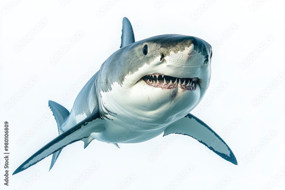 Wall mural great white shark - Carcharodon carcharias - full view while swimming, face and teeth visible isolated on white background all fins and gills showing, ai