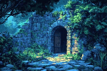 Fototapeta premium Stone Archway Entrance to a Dark Forest