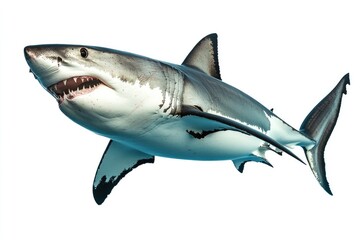 Obraz premium great white shark - Carcharodon carcharias - full view while swimming, face and teeth visible isolated on white background all fins and gills showing, ai