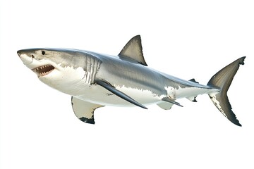 great white shark - Carcharodon carcharias - full view while swimming, face and teeth visible isolated on white background all fins and gills showing, ai