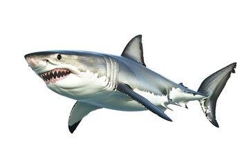 great white shark - Carcharodon carcharias - full view while swimming, face and teeth visible isolated on white background all fins and gills showing, ai