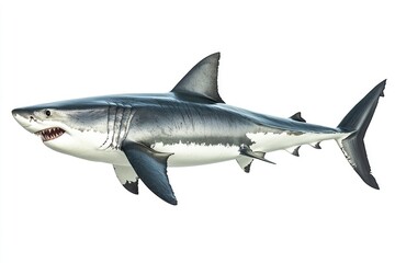 Fototapeta premium great white shark - Carcharodon carcharias - full view while swimming, face and teeth visible isolated on white background all fins and gills showing, ai