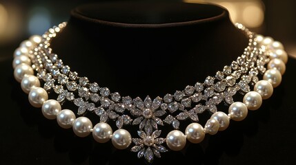 Lavish multi-strand pearl and crystal necklace with a stunning layered design and a regal vintage feel with free copy space
