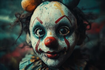 Creepy vintage clown doll with haunting eyes, worn makeup, and eerie expression, childhood fears concept