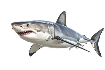 Obraz premium great white shark - Carcharodon carcharias - full view while swimming, face and teeth visible isolated on white background all fins and gills showing, ai