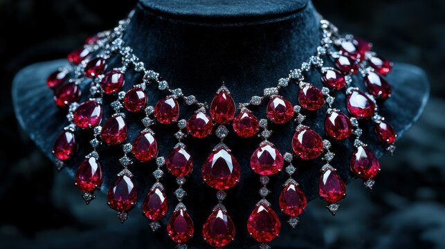 Magnificent ruby and diamond necklace featuring a cascade of deep-red faceted stones with free copy space