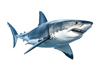 Fototapeta premium great white shark - Carcharodon carcharias - full view while swimming, face and teeth visible isolated on white background all fins and gills showing, ai