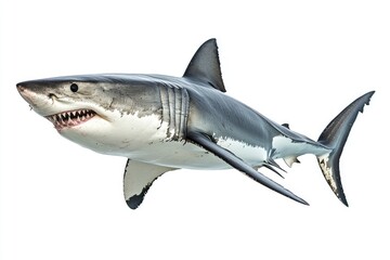 great white shark - Carcharodon carcharias - full view while swimming, face and teeth visible isolated on white background all fins and gills showing, ai