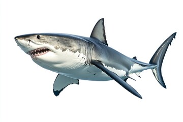 Fototapeta premium great white shark - Carcharodon carcharias - full view while swimming, face and teeth visible isolated on white background all fins and gills showing, ai