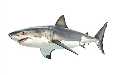 Fototapeta premium great white shark - Carcharodon carcharias - full view while swimming, face and teeth visible isolated on white background all fins and gills showing, ai