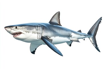 Fototapeta premium great white shark - Carcharodon carcharias - full view while swimming, face and teeth visible isolated on white background all fins and gills showing, ai