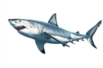 Naklejka premium great white shark - Carcharodon carcharias - full view while swimming, face and teeth visible isolated on white background all fins and gills showing, ai