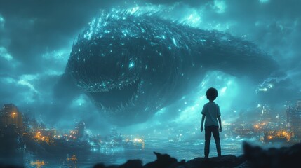 A boy exploring an underwater world of giant bioluminescent sea creatures and surreal alien-like landscapes