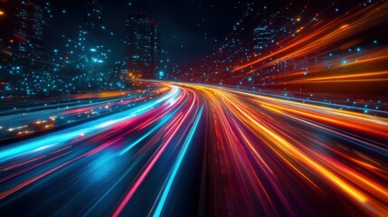 Ethereal long-exposure image of a road at night with vibrant multicolored streaks of light tracing the vehicles' movements suggesting a sense of speed and technology