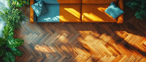 Overhead view of a vibrant herringbone-patterned wood floor in a modern minimalist setting