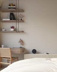 wall mockup in bedroom interior showroom background. modern scandinavian style. 3d Rendering	

