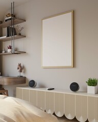 poster mockup in bedroom interior background. modern scandinavian style. 3d Rendering