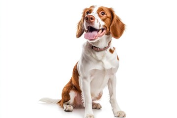 Happy brittany spaniel dog panting and sitting on a white background, ai