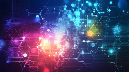 Fototapeta premium Abstract digital network with glowing hexagonal patterns and colorful light streaks