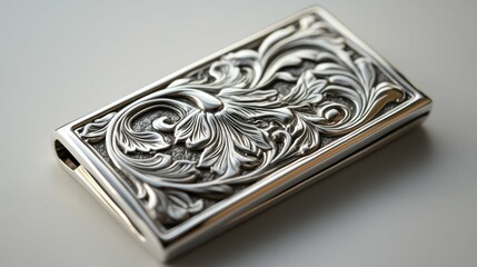 Elegant Silver Money Clip with Botanical Engraving and Copy Space