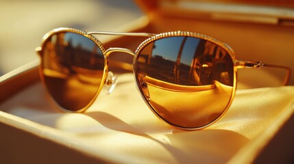 Elegant Gold-Rimmed Sunglasses on Satin Box with Copy Space