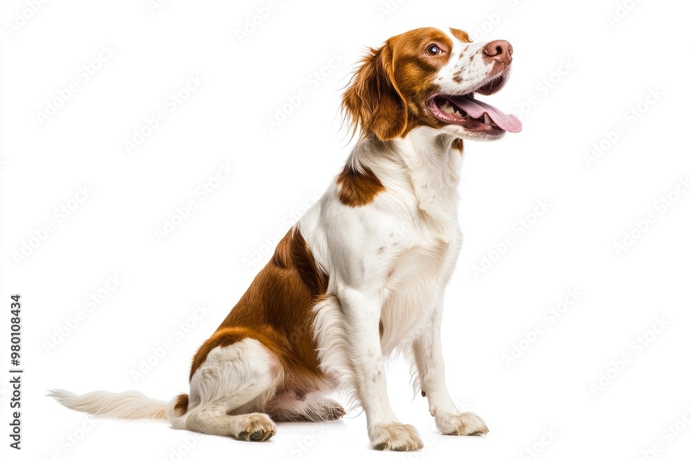 Wall mural Happy brittany spaniel dog panting and sitting on a white background, ai