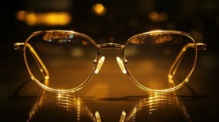 Luxurious gold-framed eyeglasses with clean minimalist lines and a sophisticated timeless appeal with free copy space