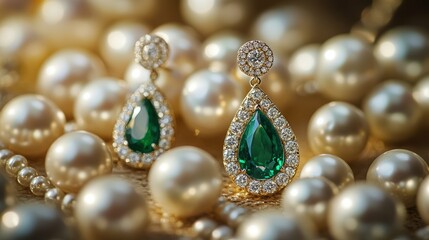 Stunning emerald and pearl earrings with a classic teardrop-shaped silhouette and a graceful elegant charm with free copy space