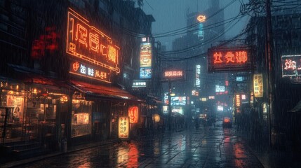 Obraz premium Cyberpunk City Streets with Neon Lights and Rainy Foggy Atmosphere