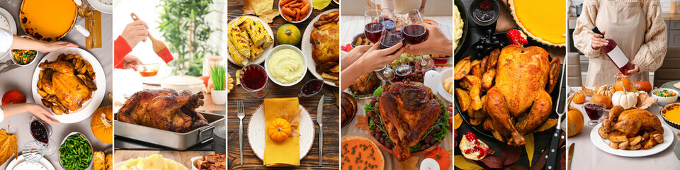 Collage of festive table with traditional dishes for Thanksgiving Day
