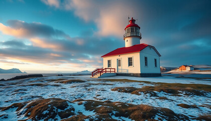 A landscape view of the Mykines lighthouse on the Faroe island during a spring day