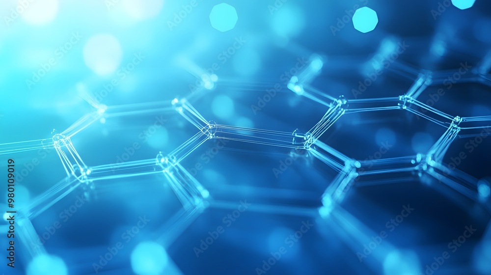 Poster abstract hexagon pattern with blue lighting and blurred background