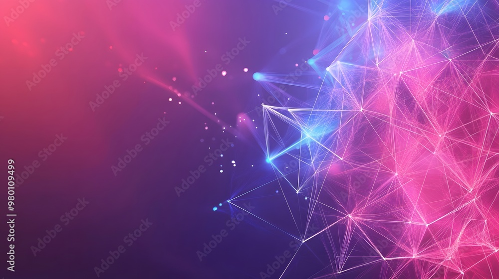 Poster abstract network of glowing lines and dots on a purple and pink background