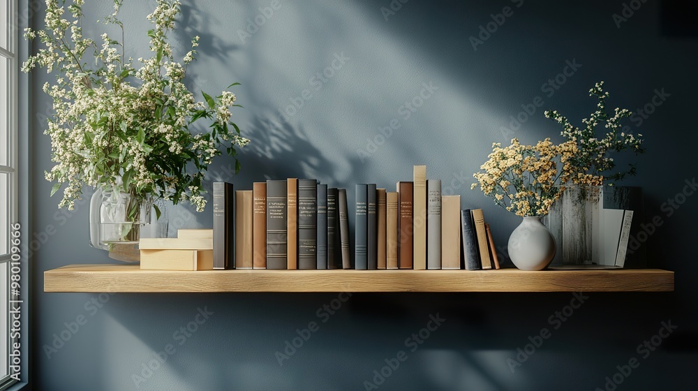 Poster a minimalist bookshelf with a floating design, showcasing a collection of carefully curated books an