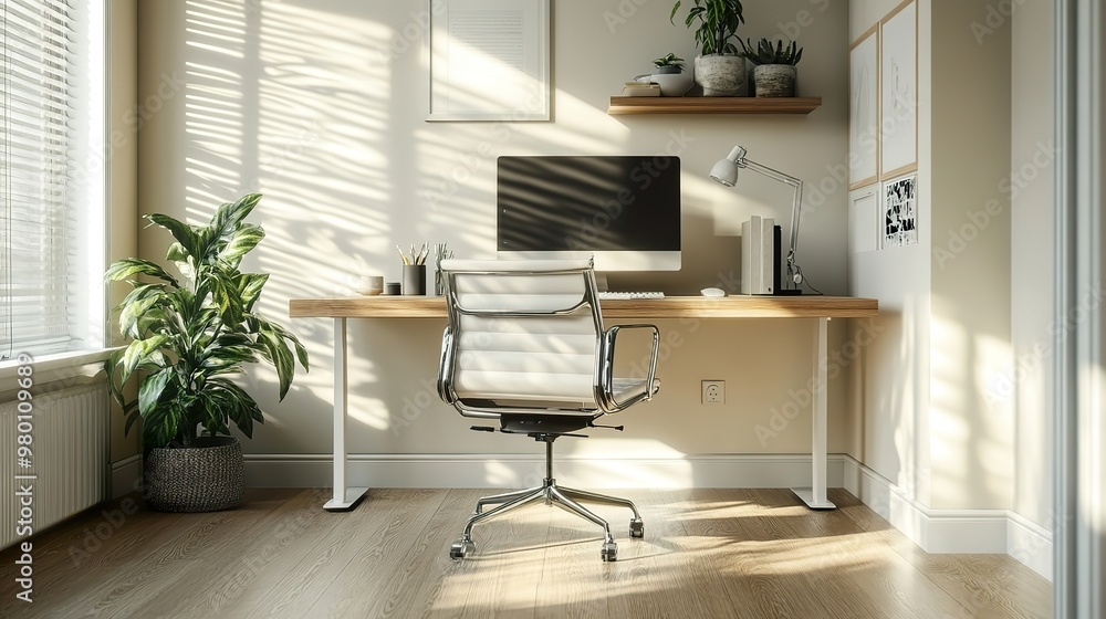 Poster A minimalist floating desk in a bright study, paired with a modern ergonomic chair and a sleek computer setup.
