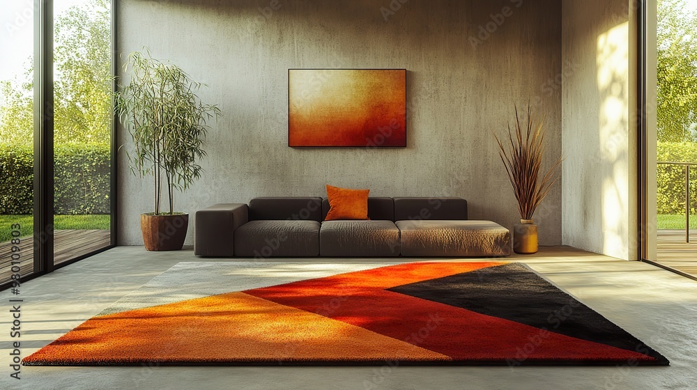Poster a minimalist, geometric rug with a bold, contrasting pattern, perfect for adding a touch of texture 