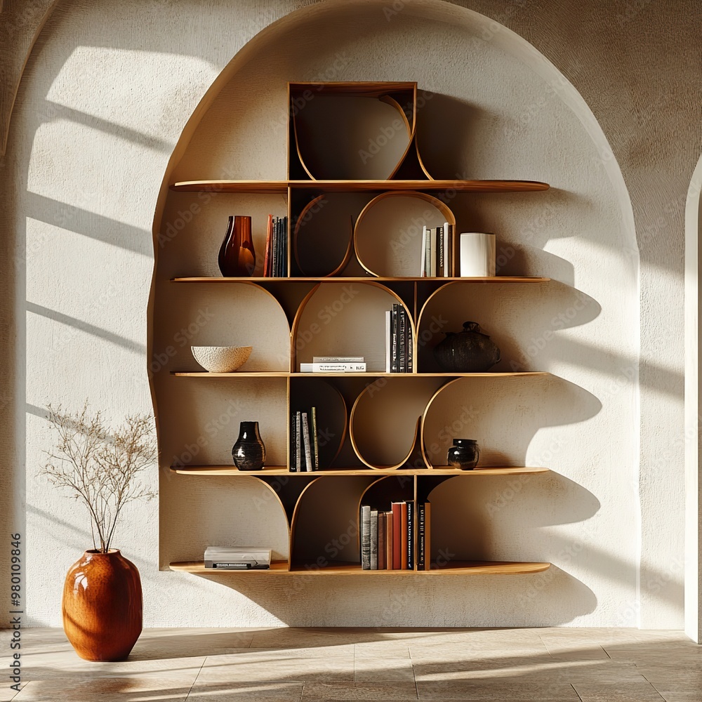 Poster a minimalist, wall-mounted shelving unit with a geometric pattern, showcasing a curated selection of