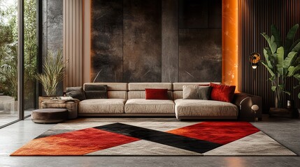 A modern, geometric-patterned rug with a bold, contrasting border, placed in a stylish living room,