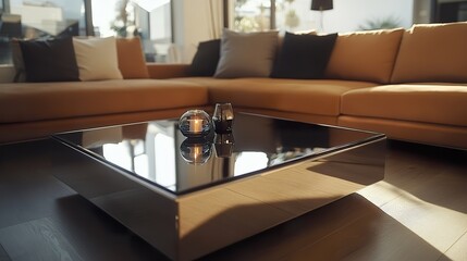 A modern, minimalist coffee table with a glass top and a metallic base, placed in a chic living room,